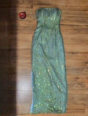 Vintage Strapless Sequin Evening Prom Dress in Iridescent Blue-Green